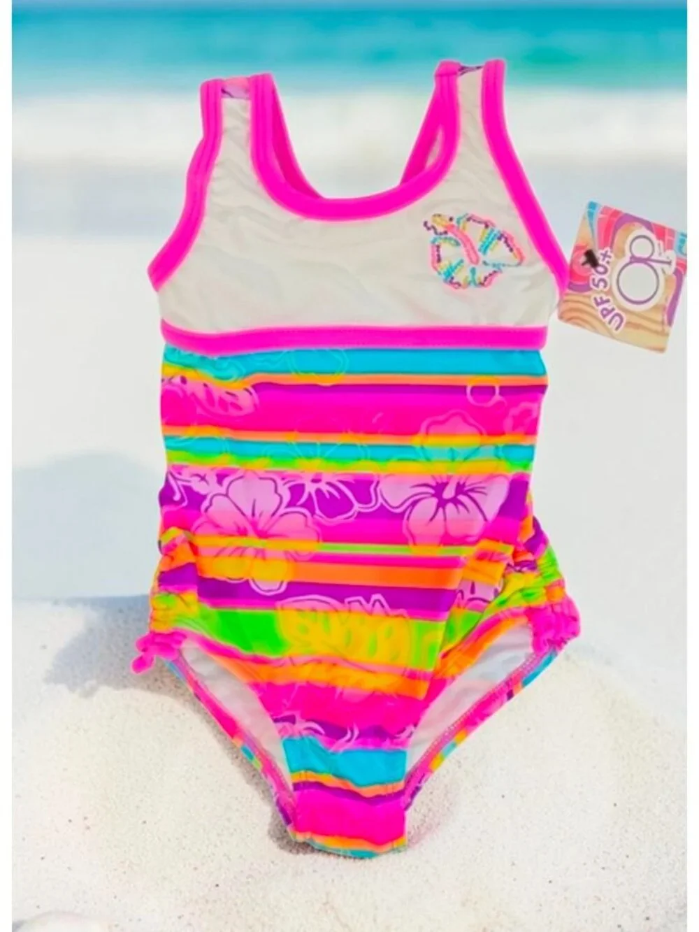 Girls Floral Striped Swimsuit With UPF 50+ Protection Size 12M Multicolor Stripe